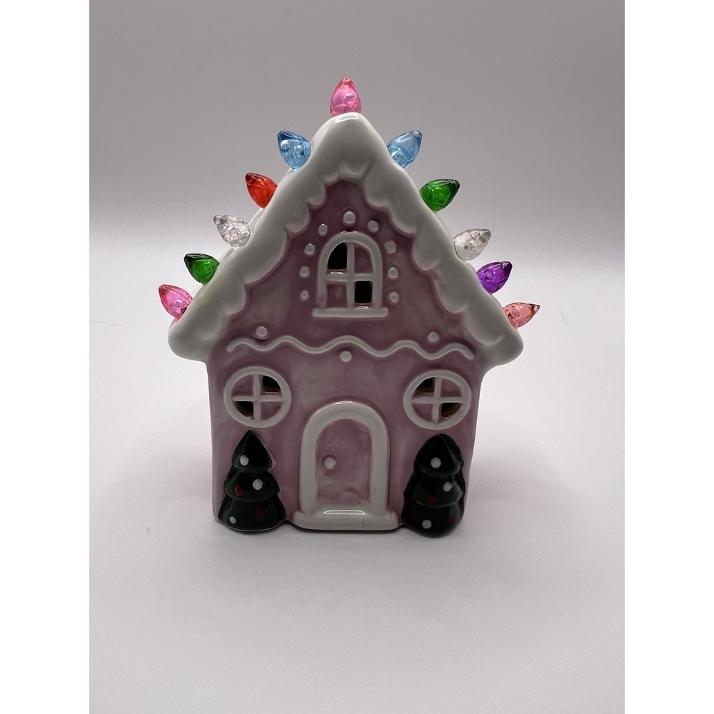 Lighted Ceramic Pink Christmas Gingerbread House Ornaments.